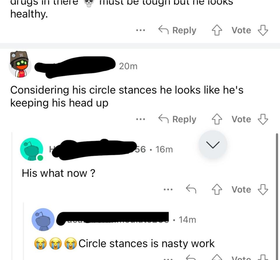 A screenshot of a social media conversation about someone's resilience in a situation and text including. "Considering his circle stances he looks like he's keeping his head up"