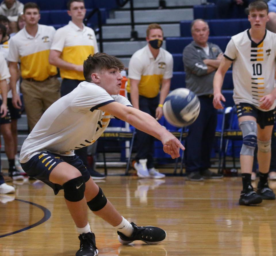 Spencerport's Dominic Kessler (2) gets under a Brockport serve during their Class B boys volleyball championship finals Thursday, Nov. 10, 2022 at Victor High School.