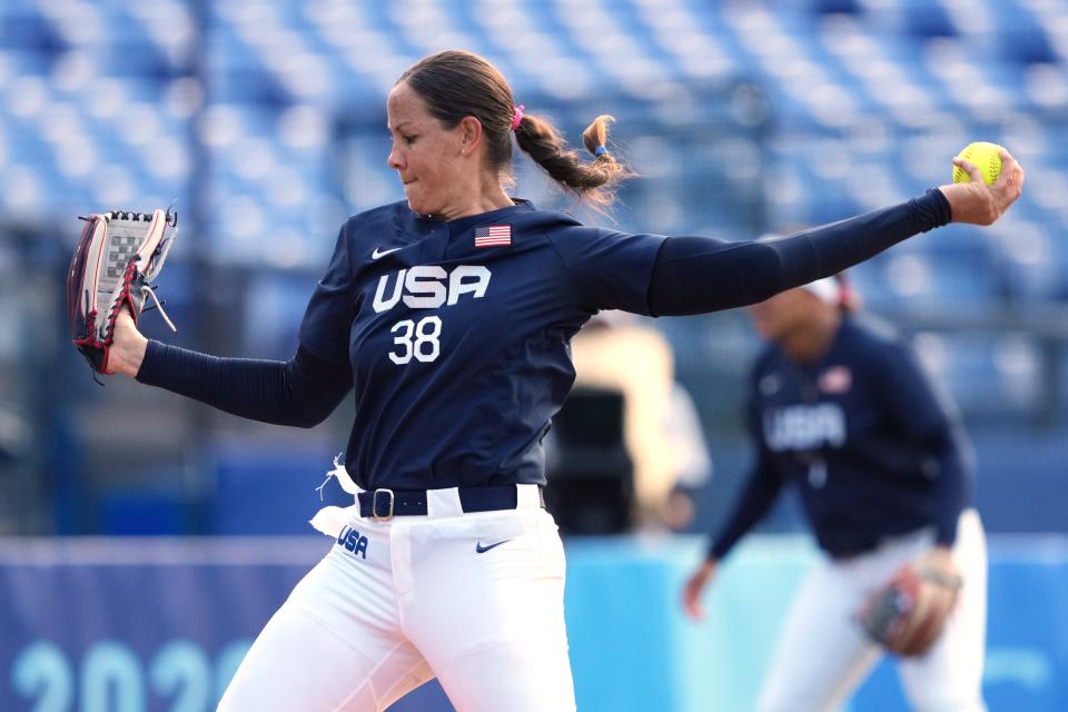 USA player Cat Osterman (38) delivers a pitch in the third inning 
on Jul 24, 2021, during the Tokyo 2020 Olympic Summer Games at Yokohama Baseball Stadium in Yokohama, Japan.
