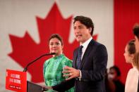 Canada's Liberal Prime Minister Justin Trudeau greet supporters during the Liberal election night party in Montreal