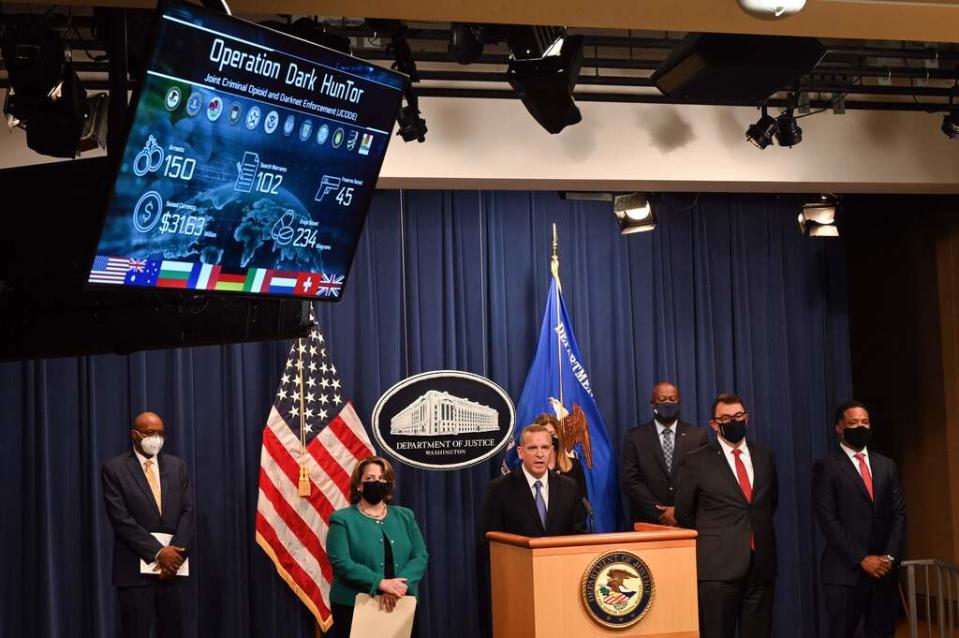 FBI Deputy Director Paul Abbate speaks about Operation Dark HunTor, a joint criminal opioid and darknet enforcement operation, during a press conference at the US Department of Justice in Washington, DC, on October 26, 2021. - Police around the world arrested 150 suspects, including several high-profile targets, involved in buying or selling illegal goods online in one of the largest-ever stings targeting the dark web, Europol said. HunTOR also recovered millions of euros in cash and bitcoin, as well as drugs and guns.