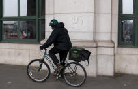 A hand-drawn swastika is seen on the front of Union Station near the Capitol in Washington, Friday, Jan. 28, 2022. (AP Photo/J. Scott Applewhite)