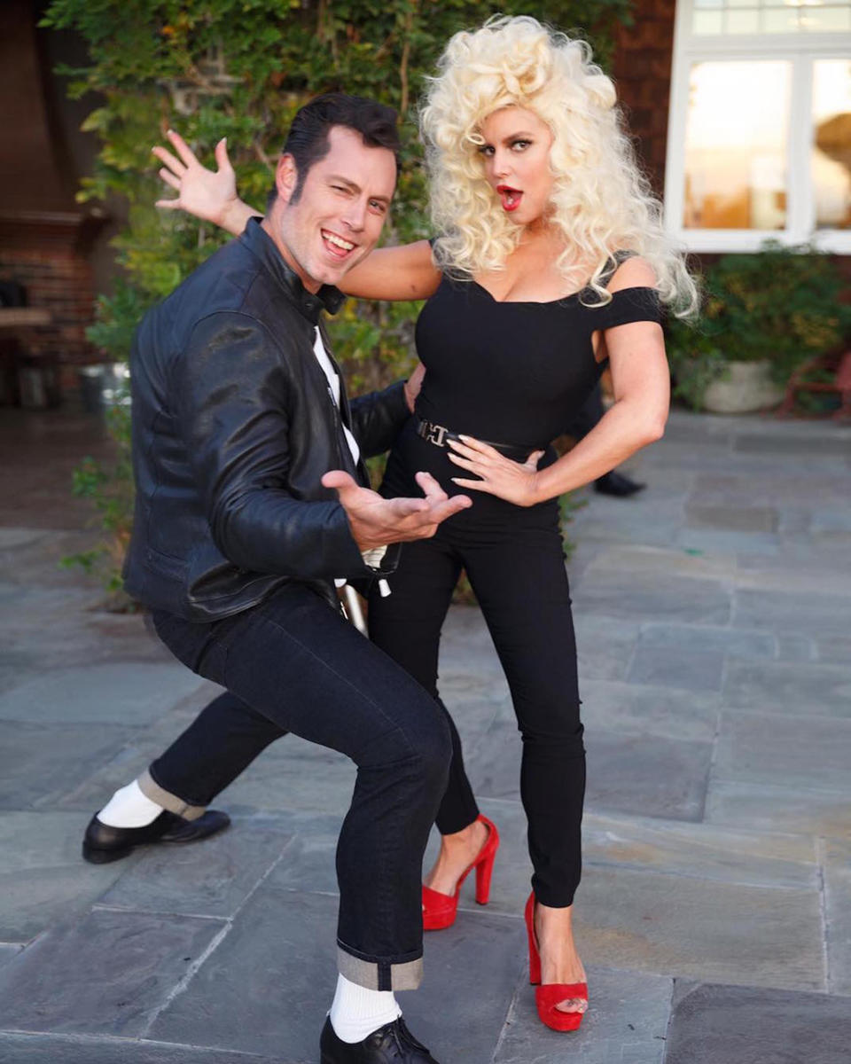 <p>The fashion mogul and hubby Eric Johnson got <i>Grease</i>-y! She joked that they were, “Danny Zuko and ‘Sandra Double Dee.’” (Photo: <a rel="nofollow noopener" href="https://www.instagram.com/p/BMSEl2KjtW1/?taken-by=jessicasimpson&hl=en" target="_blank" data-ylk="slk:Instagram;elm:context_link;itc:0;sec:content-canvas" class="link ">Instagram</a>) </p>