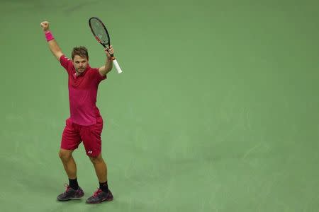 Sep 9, 2016; New York, NY, USA; Stan Wawrinka of Switzerland celebrates the win against Kei Nishikori of Japan in four sets on day twelve of the 2016 U.S. Open tennis tournament at USTA Billie Jean King National Tennis Center. Mandatory Credit: Anthony Gruppuso-USA TODAY Sports