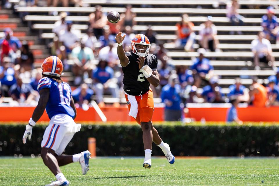 Florida Gators quarterback DJ Lagway (2) throws the ball during the second half at the Orange and Blue spring football game at Steve Spurrier Field at Ben Hill Griffin Stadium in Gainesville, FL on Saturday, April 13, 2024. [Matt Pendleton/Gainesville Sun]