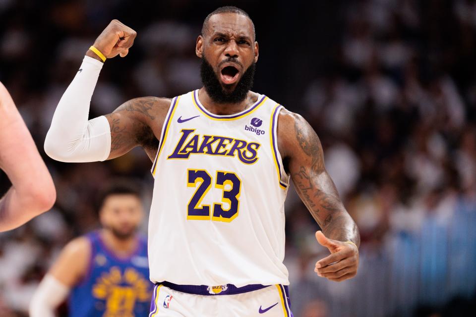 Apr 20, 2024; Denver, Colorado, USA; Los Angeles Lakers forward LeBron James (23) reacts during the third quarter against the Denver Nuggets in game one of the first round for the 2024 NBA playoffs at Ball Arena. Mandatory Credit: Andrew Wevers-USA TODAY Sports