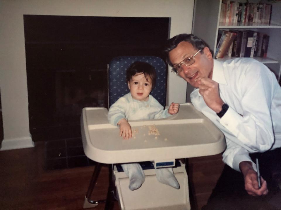 Hank Schweich with his first grandchild, Ted Handler, in Brooklyn, New York, 1989
