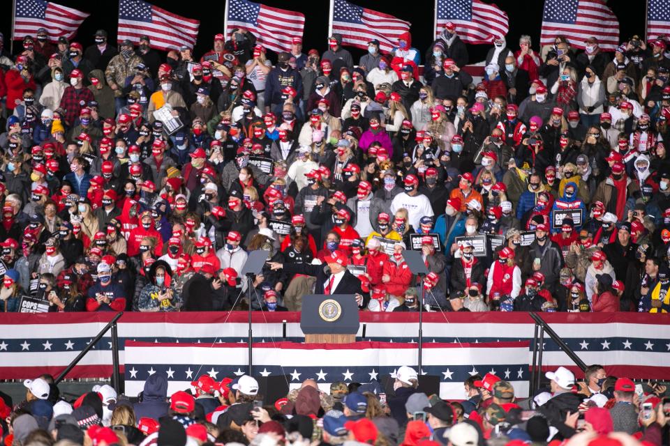 President Donald J. Trump makes remarks at a rally to support law enforcement at Southern Wisconsin Regional Airport on Saturday, Oct. 17, 2020, in Janesville, Wis.