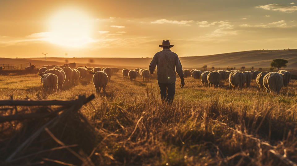 A farmer in a field, bringing in the harvest of live fed cattle for the company.