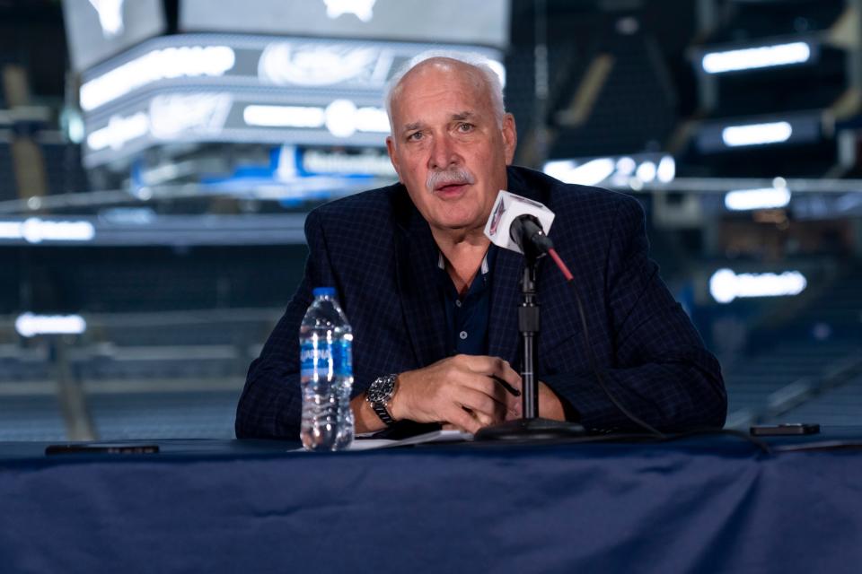 Sep 18, 2023; Columbus, Ohio, USA; Team president John Davidson talks about Mike Babcock’s resignation and the hiring of new head coach Pascal Vincent during the Columbus Blue Jackets media day prior to the start of training camp at Nationwide Arena.