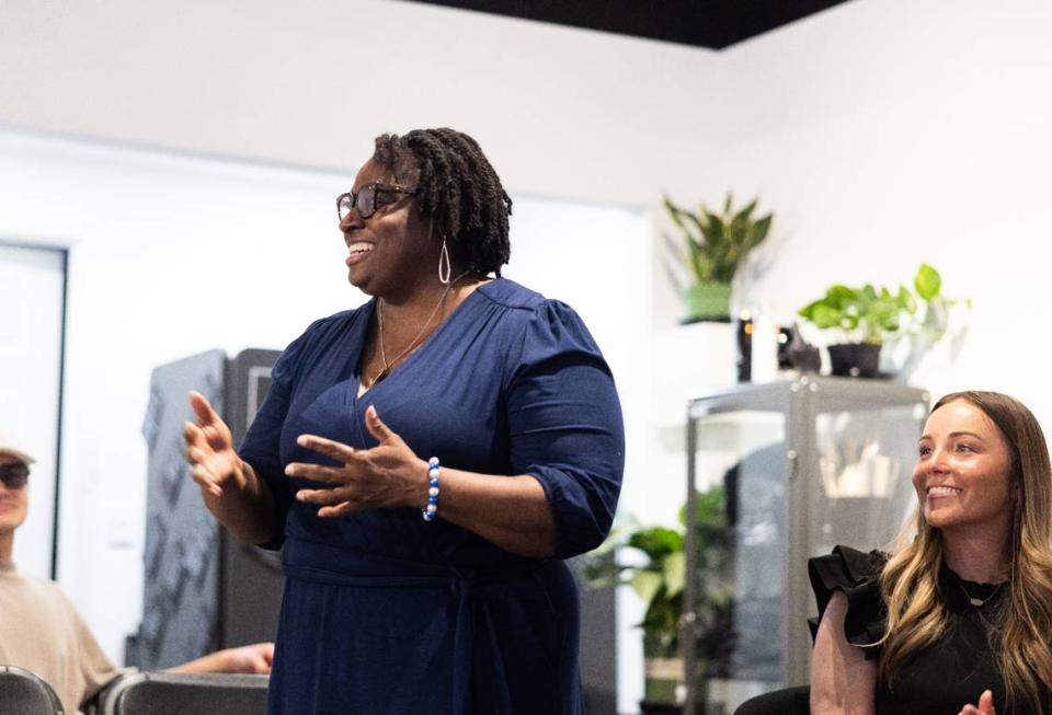 Rana Cash speaks during A Night of Influence organized by The Charlotte Observer and hosted at Black Wednesday in Charlotte, N.C., on Wednesday, April 17, 2024.