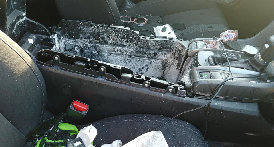The damage inside the car belonging to Christine Debrecht's daughter. She said dry shampoo exploded while it was inside the car on a hot day.