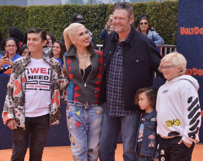 Kingston Rossdale, Gwen Stefani, Blake Shelton, Apollo Rossdale, Zuma Rossdale at the April 27, 2019 premiere of ‘UglyDolls’ - Credit: Sipa USA via AP.