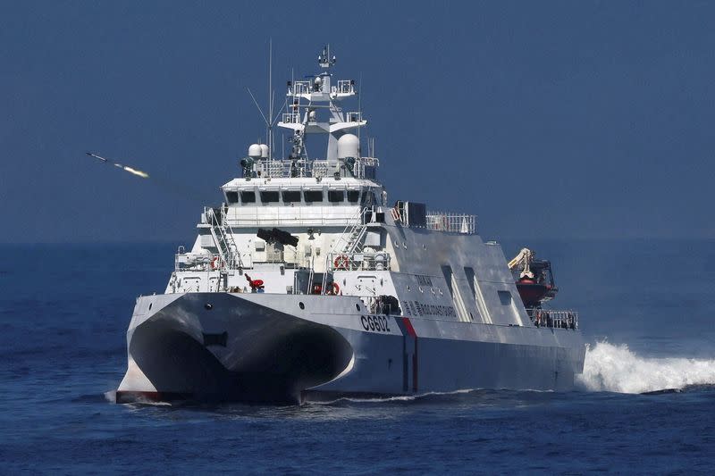 Anping-class offshore patrol vessel fires a JhenHai remote rocket as part of Taiwan's main annual "Han Kuang" exercises