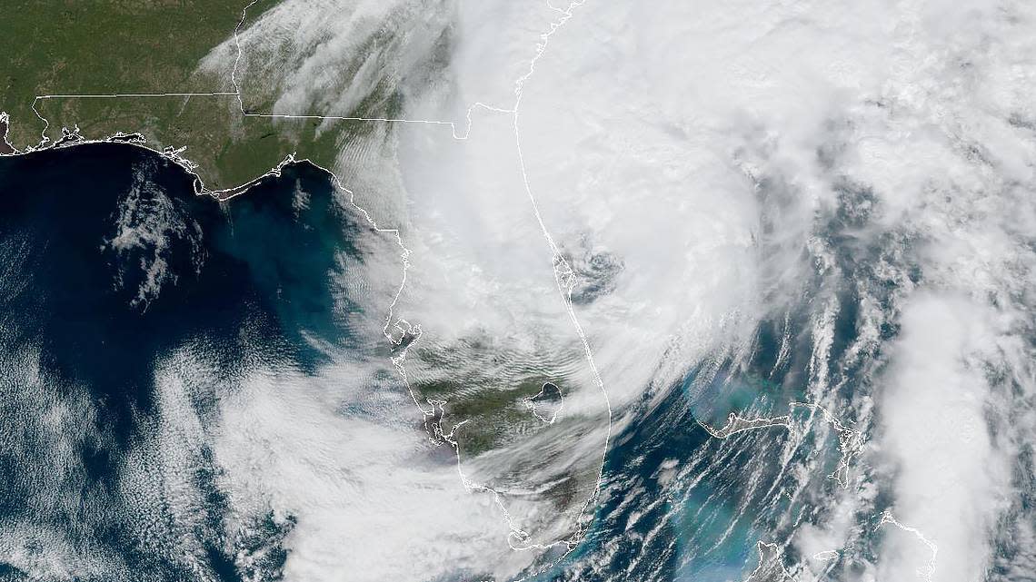 This GOES-East GeoColor satellite image taken at 12:01 a.m. EDT on Wednesday, Sept. 18, 2022, and provided by the National Oceanic and Atmospheric Administration (NOAA), shows the eye of Hurricane Ian approaching the southwest coast of Florida. Hurricane Ian’s most damaging winds began hitting Florida’s southwest coast Wednesday, lashing the state with heavy rain and pushing a devastating storm surge after strengthening to the threshold of the most dangerous Category 5 status.