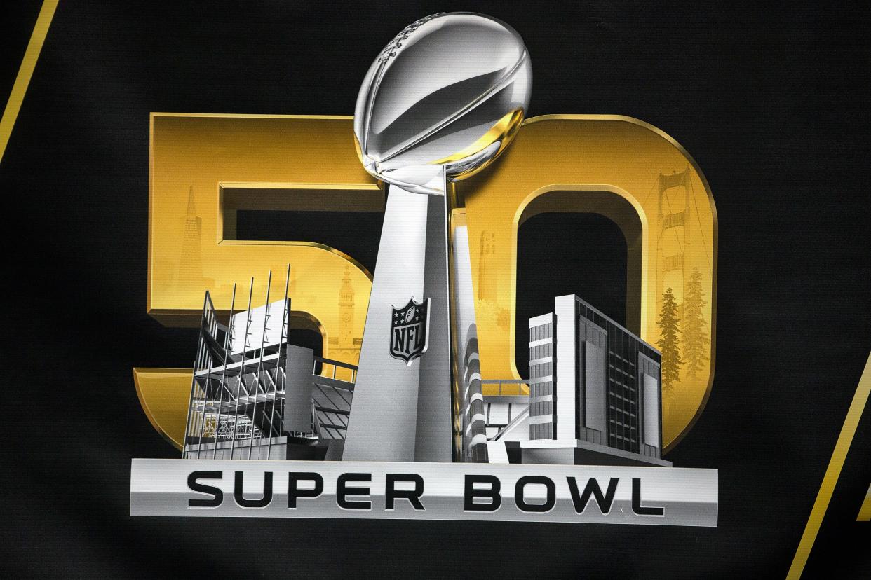 SAN FRANCISCO, CA - FEBRUARY 03: Detailed view of the Super Bowl 50 logo during the NFL Experience exhibition before Super Bowl 50 at the Moscone Center on February 3, 2016 in San Francisco, California. (Photo by Jason O. Watson/Getty Images)