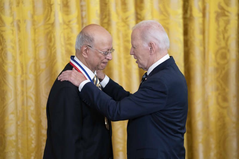 President Joe Biden awards Ashok Gadgil the National Medal of Technology and Innovation at the White House in Washington, DC on Tuesday. Gadgil, distinguished professor emeritus of civil and environmental engineer, was recognized for his cost-effective solutions for challenges in the developing world. Photo by Bonnie Cash/UPI