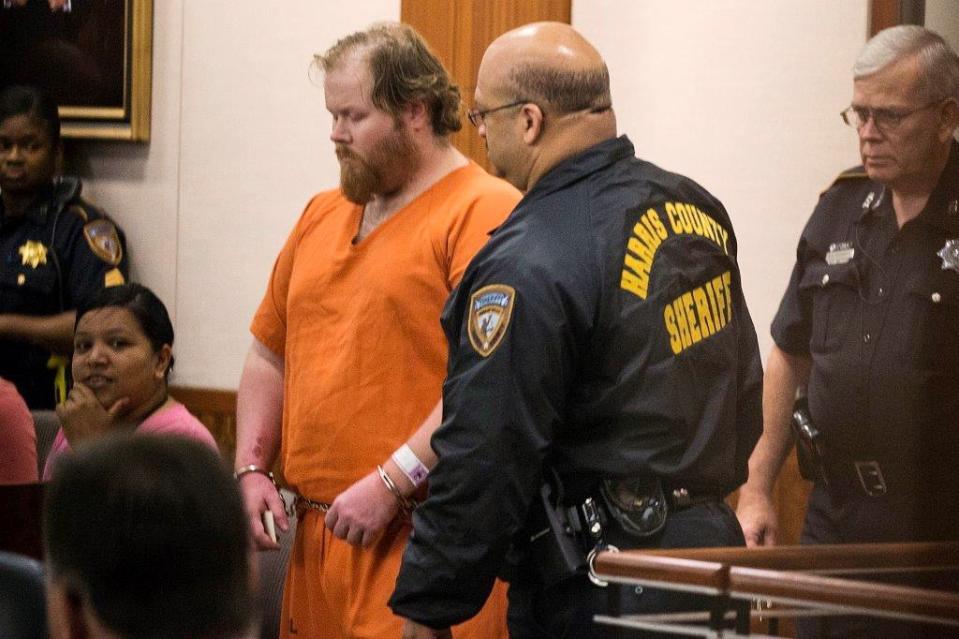 Ronald Lee Haskell, 33, is shown in court in Houston, Texas July 12, 2014. He is accused of killing four children aged 4 to 14 and their parents, Stephen and Katie Stay, in the Houston suburb of Spring. Haskell collapsed when details of the murder scene were read in court. REUTERS/Brett Coomer/Pool (UNITED STATES - Tags: CRIME LAW) BEST QUALITY AVAILABLE