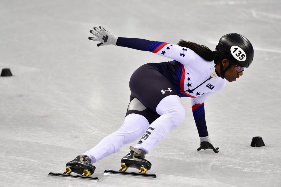 USA’s Maame Biney takes part in the women’s 500m short track speed skating heat event during the PyeongChang 2018 Winter Olympic Games. (Getty Images)