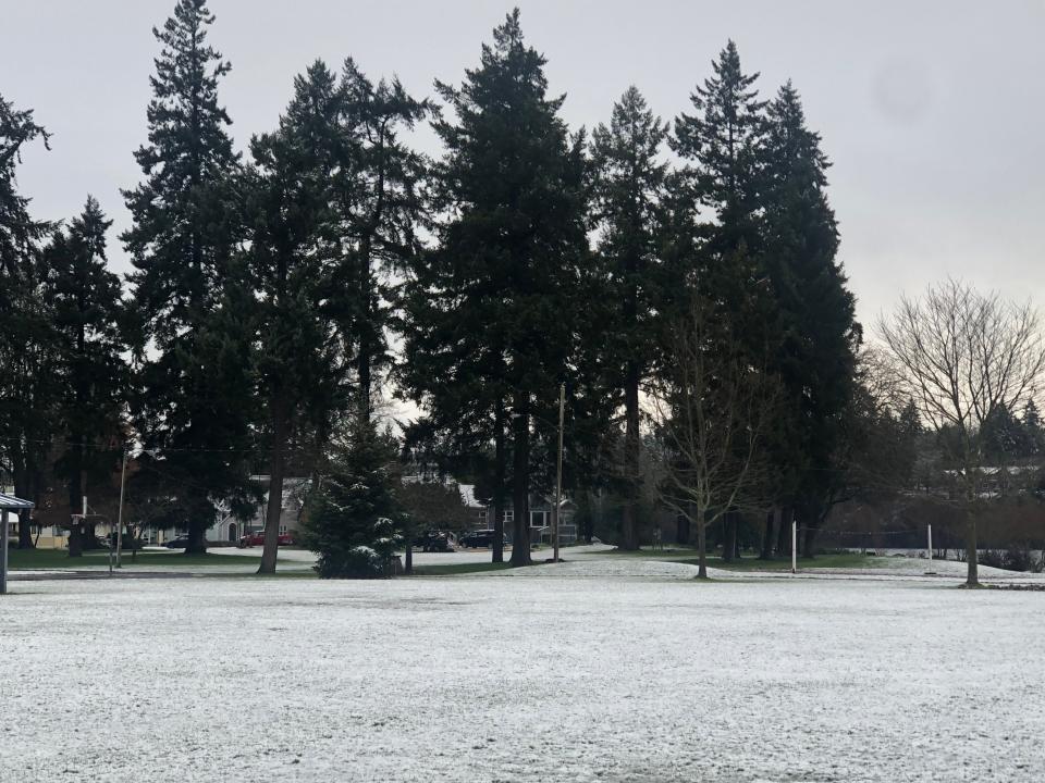 Snow covers a field at Bremerton’s Evergreen Rotary Park Thursday morning.