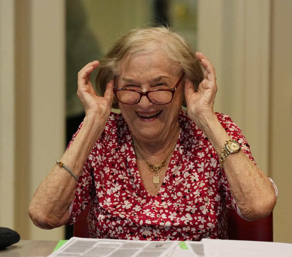 Retired 96 year old Teaneck English teacher Eva Barron leads the Creative Writing Club at Arbor Terrace, a retirement community in Teaneck, NJ on February 16, 2023.