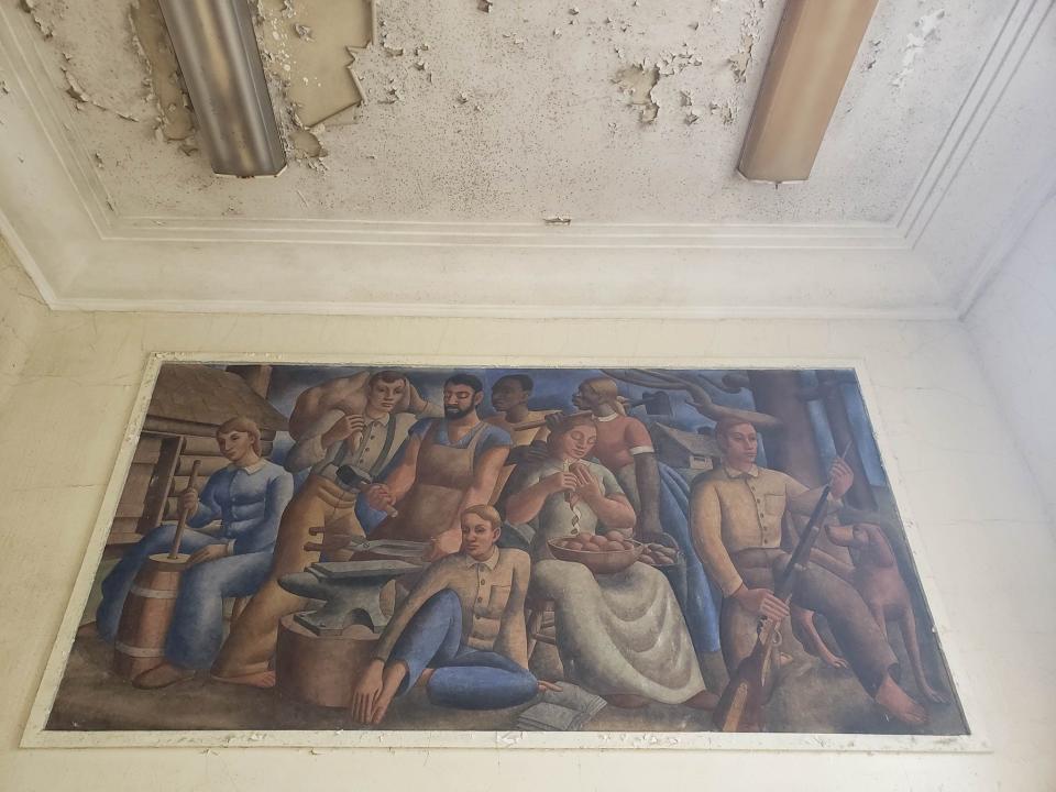 The mural in the former Dickson post office. The mural, painted in 1938 by Edwin Boyd Johnson, is titled "People of the Soil.”