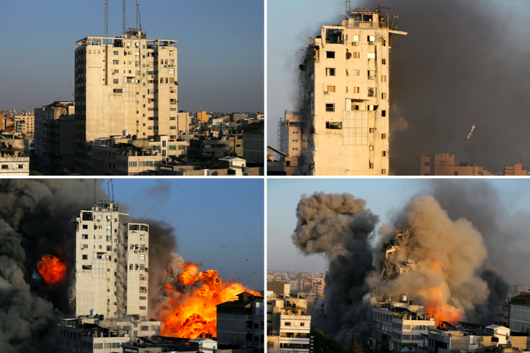 A combination picture shows a tower building before and after it was destroyed by Israeli air strikes amid a flare-up of Israeli-Palestinian violence, in Gaza City. (Reuters/Ibraheem Abu Mustafa)