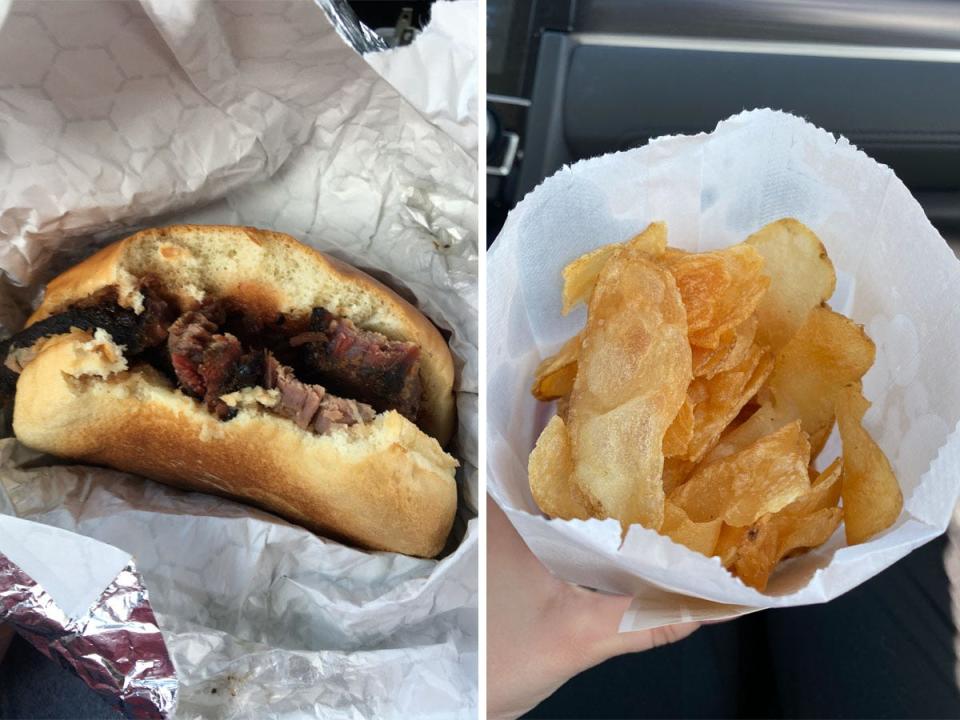 A brisket sandwich and chips from Buc-ee's.