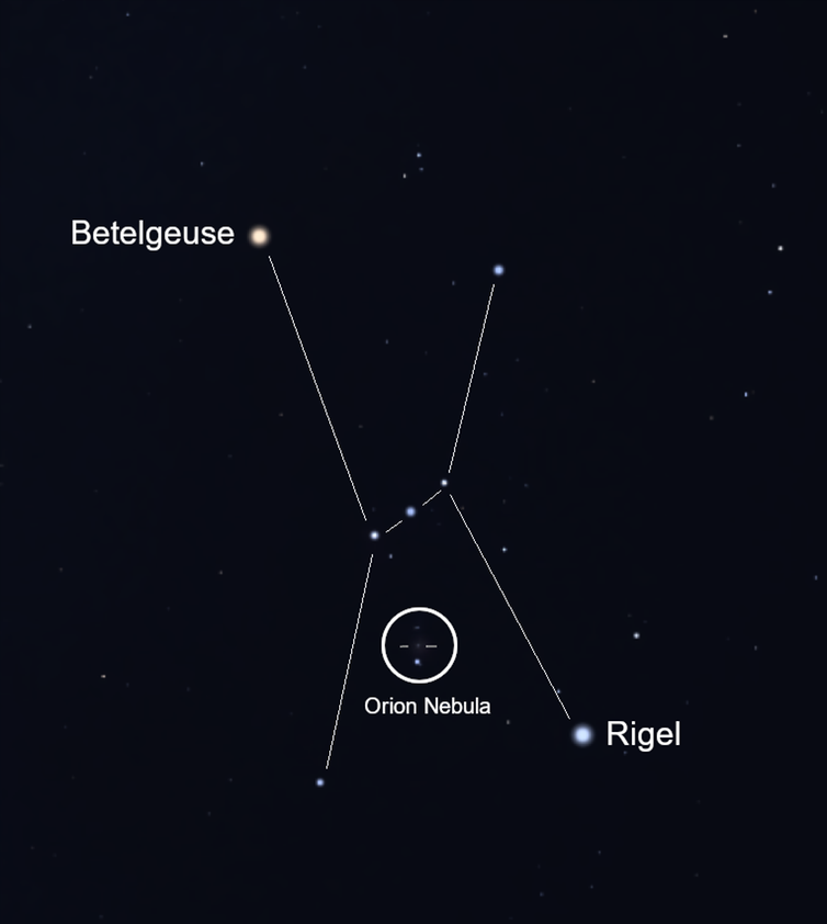 <span class="caption">A finding chart including only the brightest stars in the constellation of Orion, many of which can be typically seen in towns away from direct light.</span> <span class="attribution"><span class="source">Daniel Brown/Stellarium</span></span>