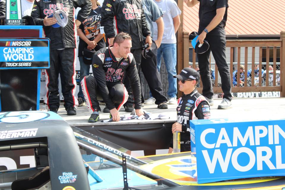 Parker Kligerman (left) and Zane Smith (right) interact after the race.