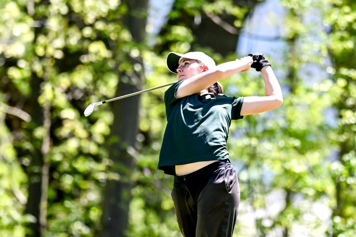 Michigan State's Leila Raines tees off on hole nine in the final round of the NCAA women's golf regional on Wednesday, May 8, 2024, at Forest Akers West Golf Course in East Lansing.