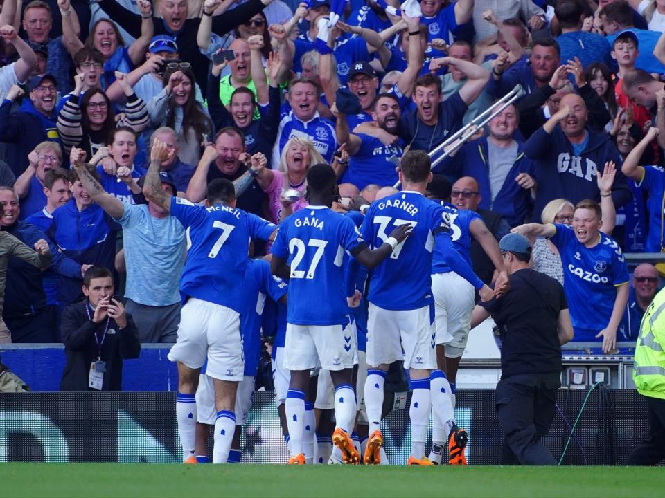 The team and fans celebrate as Everton go ahead  (PA)