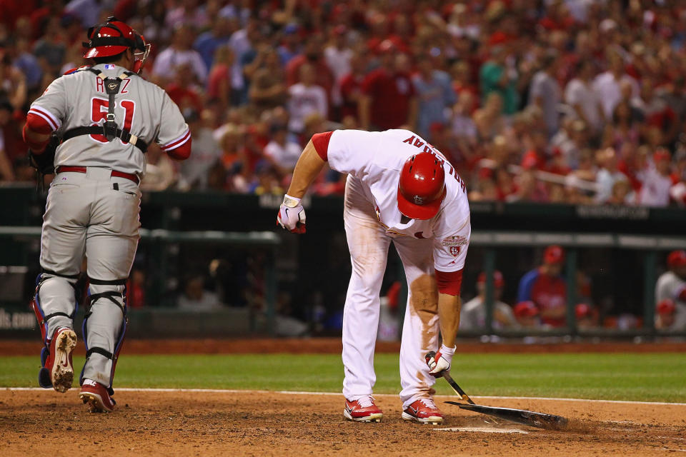 ST. LOUIS, MO - MAY 25: Matt Holliday #7 of the St. Louis Cardinals breaks his bat in frustration after striking out against the Philadelphia Phillies at Busch Stadium on May 25, 2012 in St. Louis, Missouri. (Photo by Dilip Vishwanat/Getty Images)