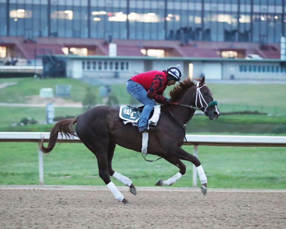 Secret Oath gallops at Oaklawn Park on March 29. The filly is the morning-line favorite for Saturday's Arkansas Derby.