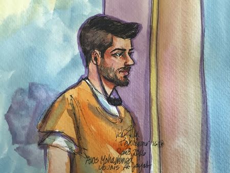Aws Mohammed Younis al-Jayab is shown in this courtroom sketch appearing in federal court in Sacramento, California January 8, 2016. REUTERS/Vicki Behringer