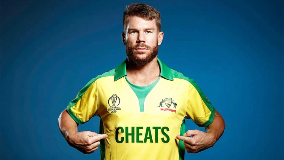 The Barmy Army’s social media account photoshopped ‘cheats’ on David Warner’s jersey. (Image: @englandsbarmyarmy)