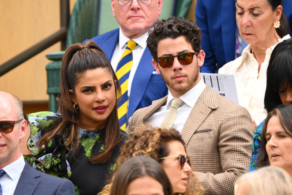 LONDON, ENGLAND - JULY 15: Priyanka Chopra and Nick Jonas attend day thirteen of the Wimbledon Tennis Championships at All England Lawn Tennis and Croquet Club on July 15, 2023 in London, England. (Photo by Karwai Tang/WireImage)