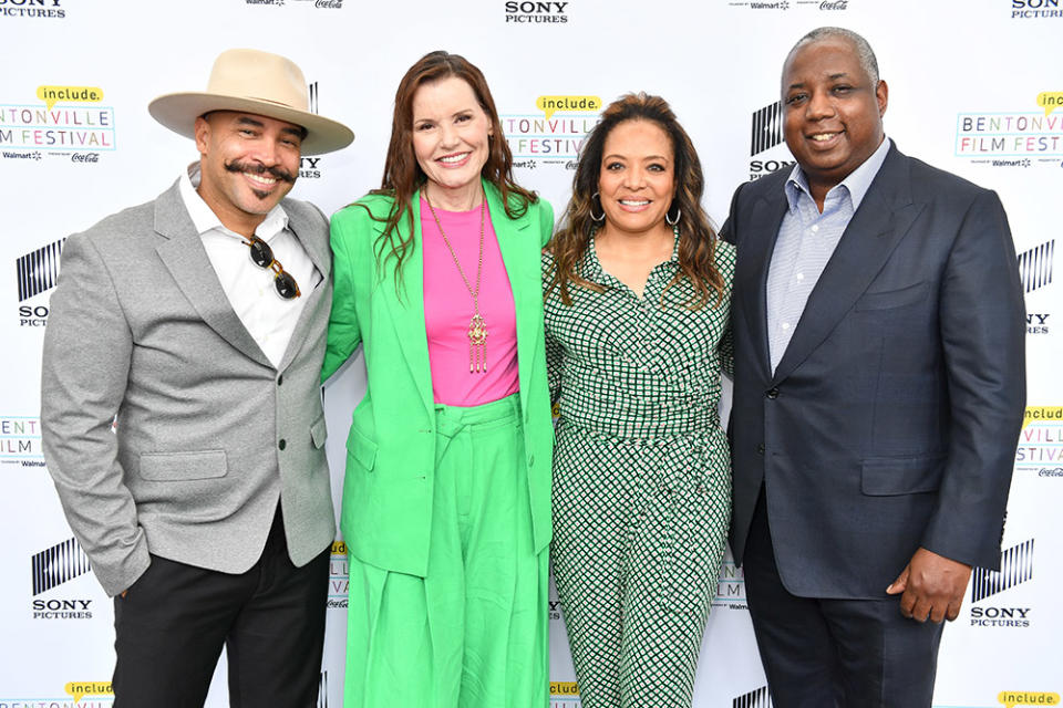 (L-R) Head of Story Octavio E. Rodriguez, Geena Davis, Actress Luna Lauren Velez, and Director Kemp Powers arrive at Across The Spider-Verse panel and screening on June 18, 2023 in Bentonville, Arkansas.