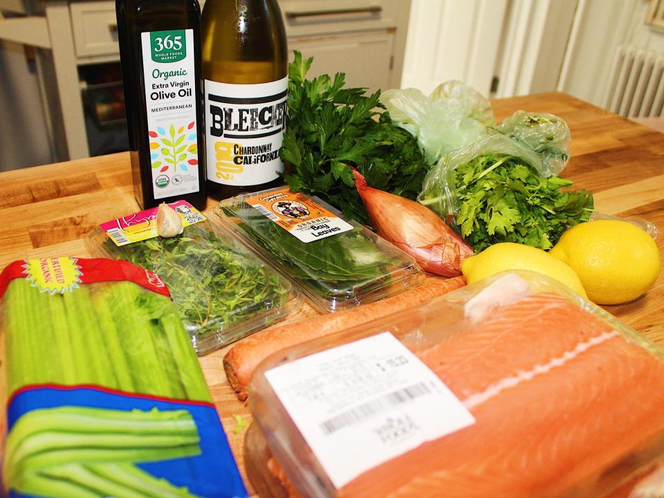 poached salmon ingredients on kitchen island