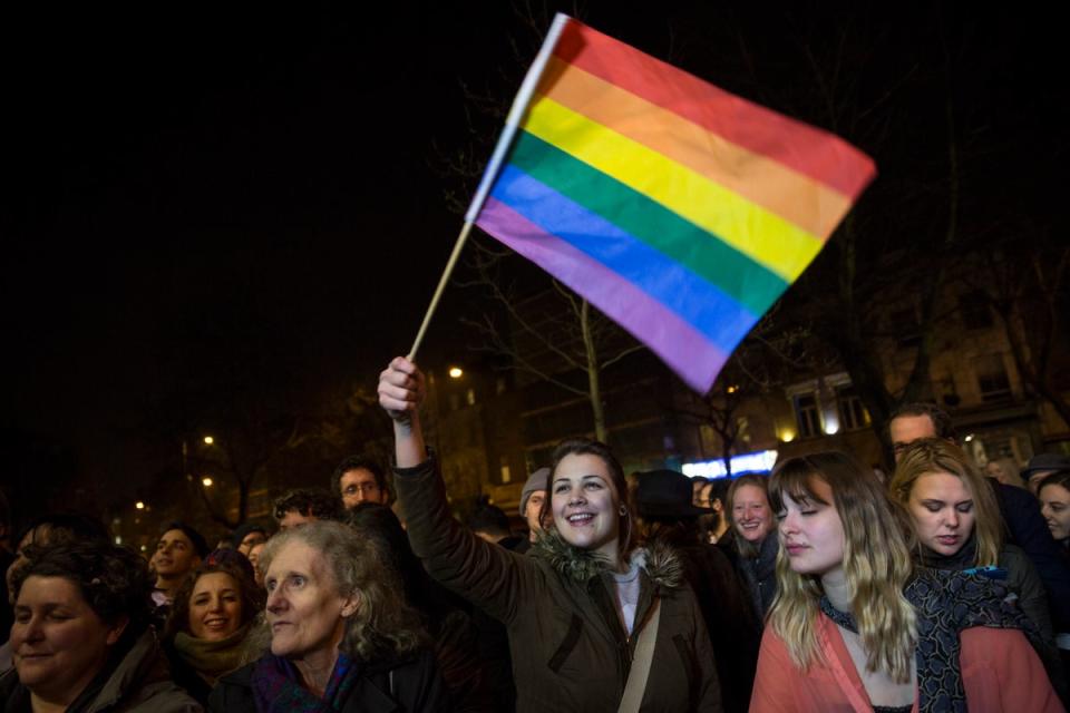 A woman waves a rainbow flag as gay couple Peter McGraith and David Cabreza leave Islington Town Hall (Getty Images)