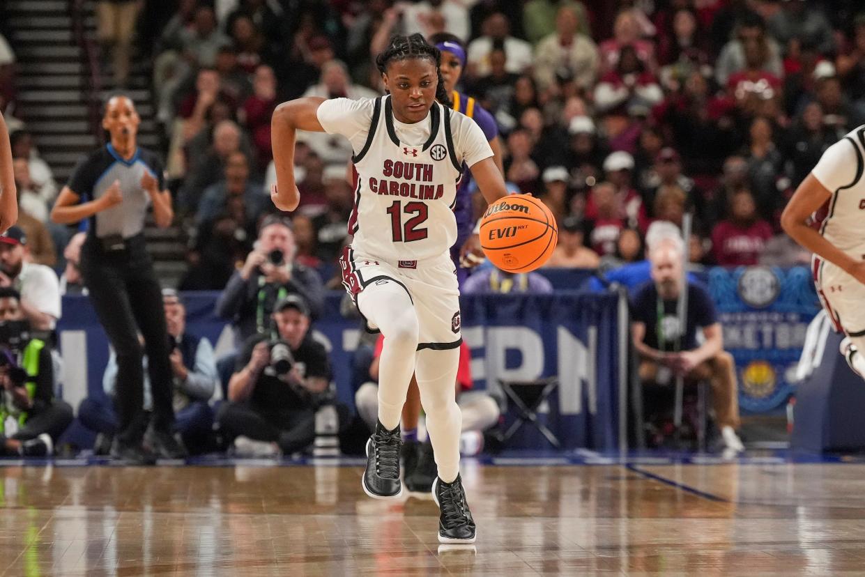 Mar 10, 2024; Greensville, SC, USA; South Carolina Gamecocks guard MiLaysia Fulwiley (12) brings the ball up court against the LSU Lady Tigers during the second half at Bon Secours Wellness Arena. Mandatory Credit: Jim Dedmon-USA TODAY Sports