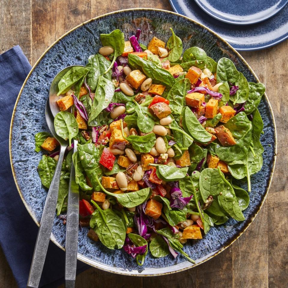 Spinach Salad with Roasted Sweet Potatoes, White Beans &amp; Basil Vinaigrette