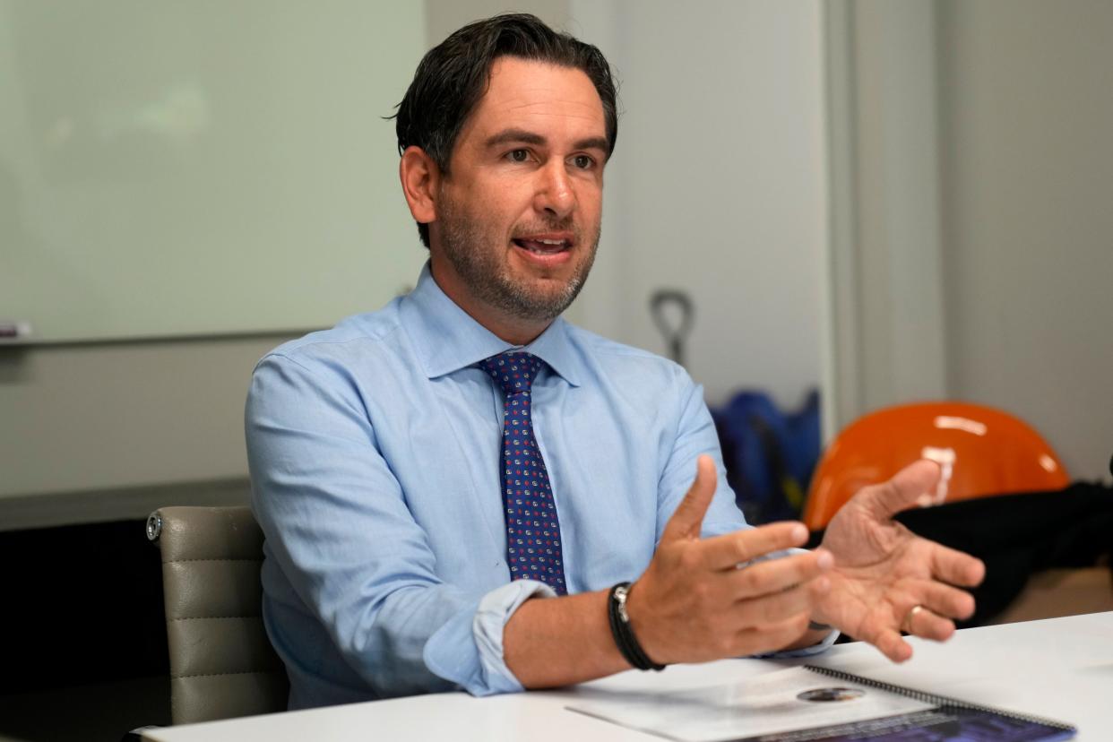 Jersey City Mayor Steve Fulop, who is running for governor, speaks to the press about his transportation plan for the state. Monday, August 14, 2023