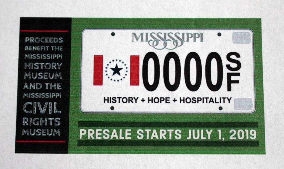 This April 17, 2019, photo taken in Jackson, Miss., shows a graphic design by artist Laurin Stennis. It is her concept for a specialty license plate featuring a flag that she proposes as a replacement for the current Mississippi state flag. Republican Gov. Phil Bryant has signed a bill authorizing the state to start selling several new specialty license plates, including one with the "Stennis flag." The current state flag, which is not changing, includes the Confederate battle emblem that critics see as a racist symbol. (AP Photo/Emily Wagster Pettus)