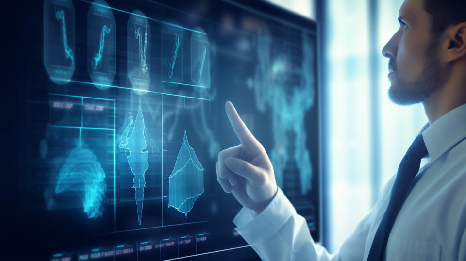 A doctor pointing to a graph representing the diagnosis of a patient's sleep apnea.