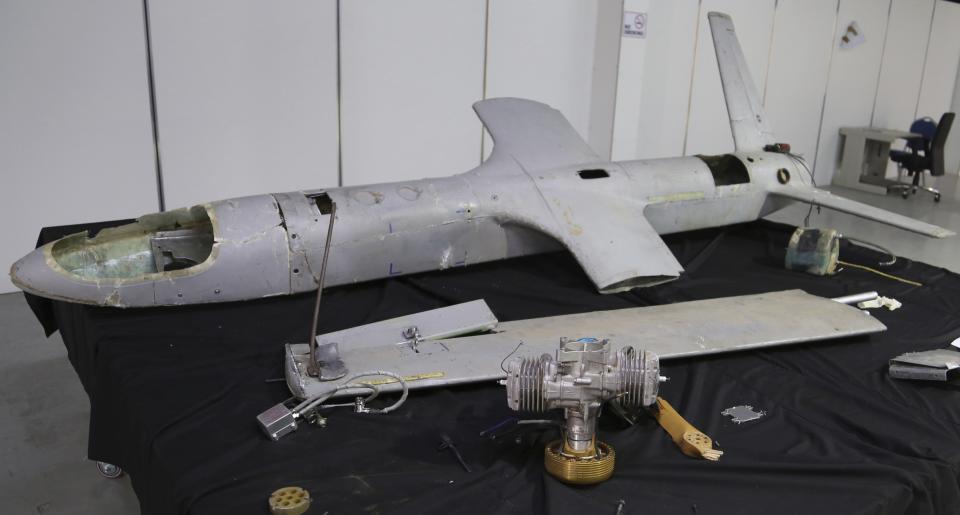 FILE - This undated file photo obtained by The Associated Press, shows a UAV-X drone flown by Yemen's Houthi rebels that is displayed in Hodeida, Yemen. The assault on the beating heart of Saudi Arabia's vast oil empire follows a new and dangerous pattern that's emerged across the Persian Gulf this summer of precise attacks that leave few obvious clues of who launched them. (AP Photo, File)