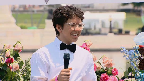 PHOTO: Daniel Trujillo, 15, one of the organizers of the Trans Youth Prom, called the event a 'full display' of trans joy in his speech. (ABC News)