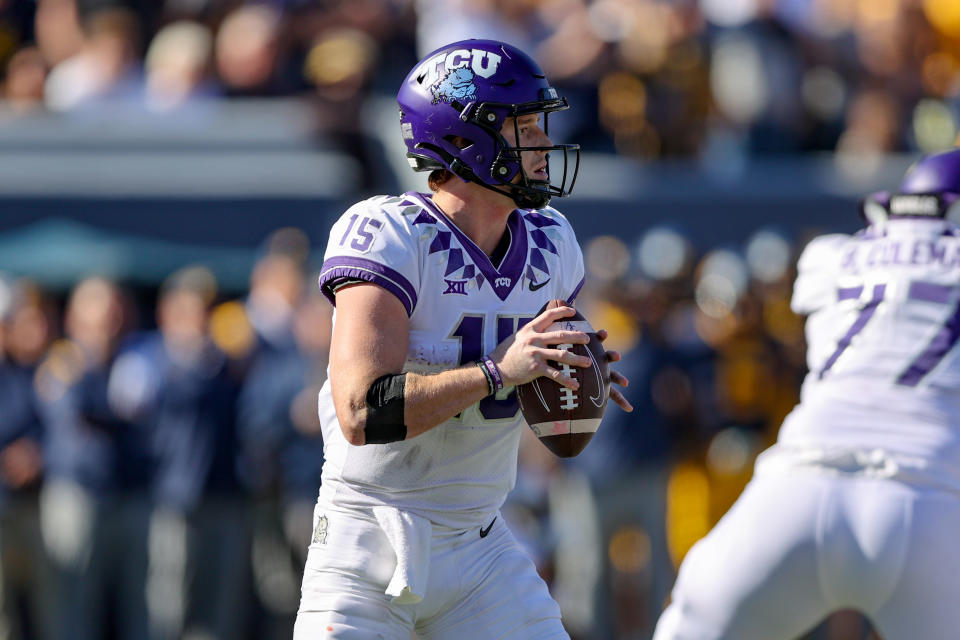 TCU Horned Frogs quarterback Max Duggan (15) had a big day in a win over West Virginia. (Photo by Frank Jansky/Icon Sportswire via Getty Images)