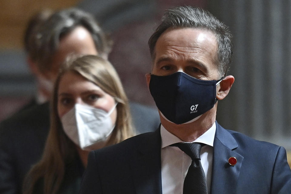 El ministro de Relaciones Exteriores de Alemania, Heiko Maas, llega a las sesiones de trabajo del Grupo de los Siete en Londres, el 4 de mayo de 2021. (Justin Tallis/Pool Photo via AP)