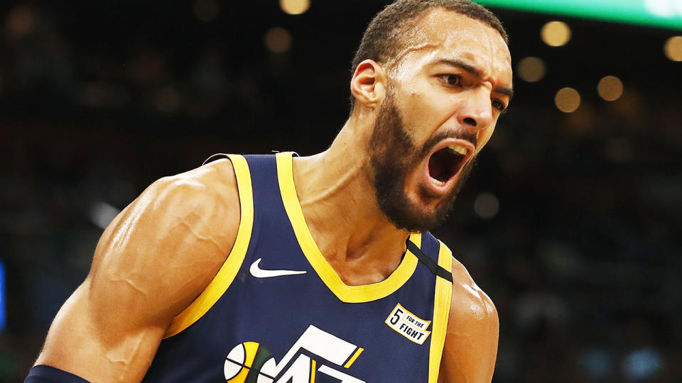 Utah Jazz centre Rudy Gobert is pictured playing against the Boston Celtics.